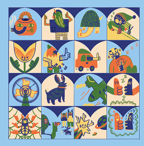 a mosaic of images of alterted subjects and objects by the artist including a teapot with a face, a blue dog with lobster claws as ears. 