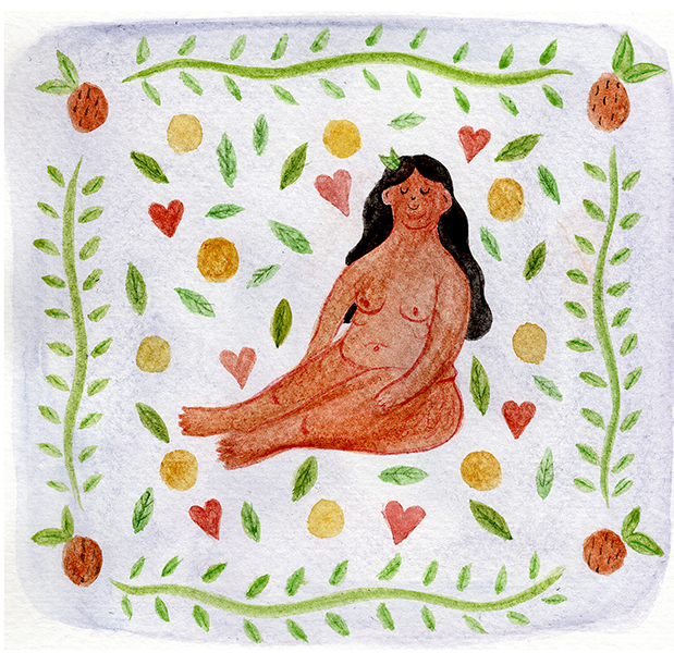 Image Credit: Illustration of a woman sitting naked framed by green surrounded by heart shapes, leaves, oranges and other fruits