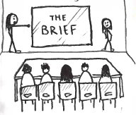 Image sketch of students pitching a brief to industry members