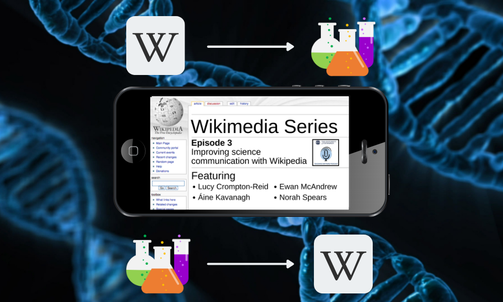 title of episode with parcipants' names on mock wikipedia page, on an iphone, in front of a background of DNA strands