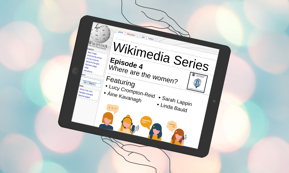 Mock wikipedia page with episode title and participants on IPAD, with four clipart women on the bottom