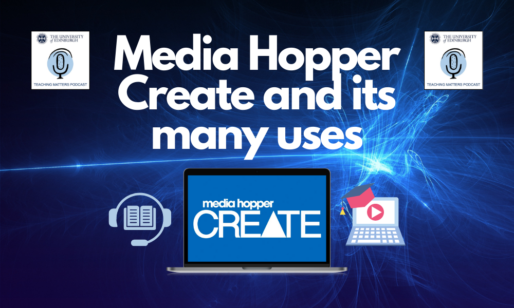 title over blue-digital background, with computer featuring 'media hopper create' below it