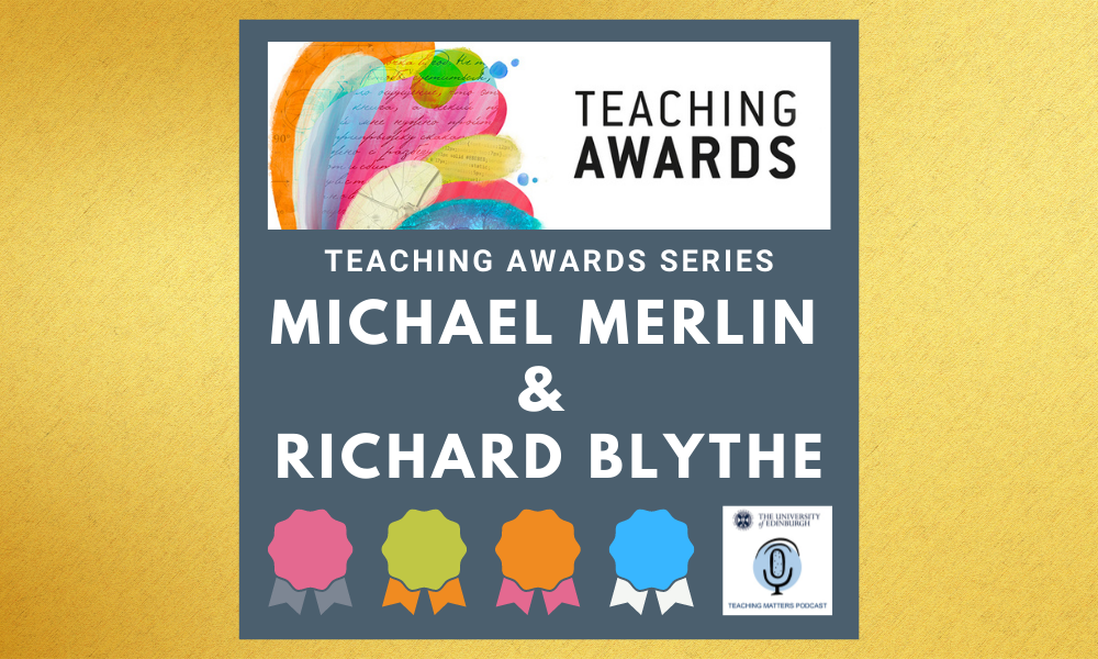 Teaching awards logo above names of participants and different colored trophies, on top of gold background