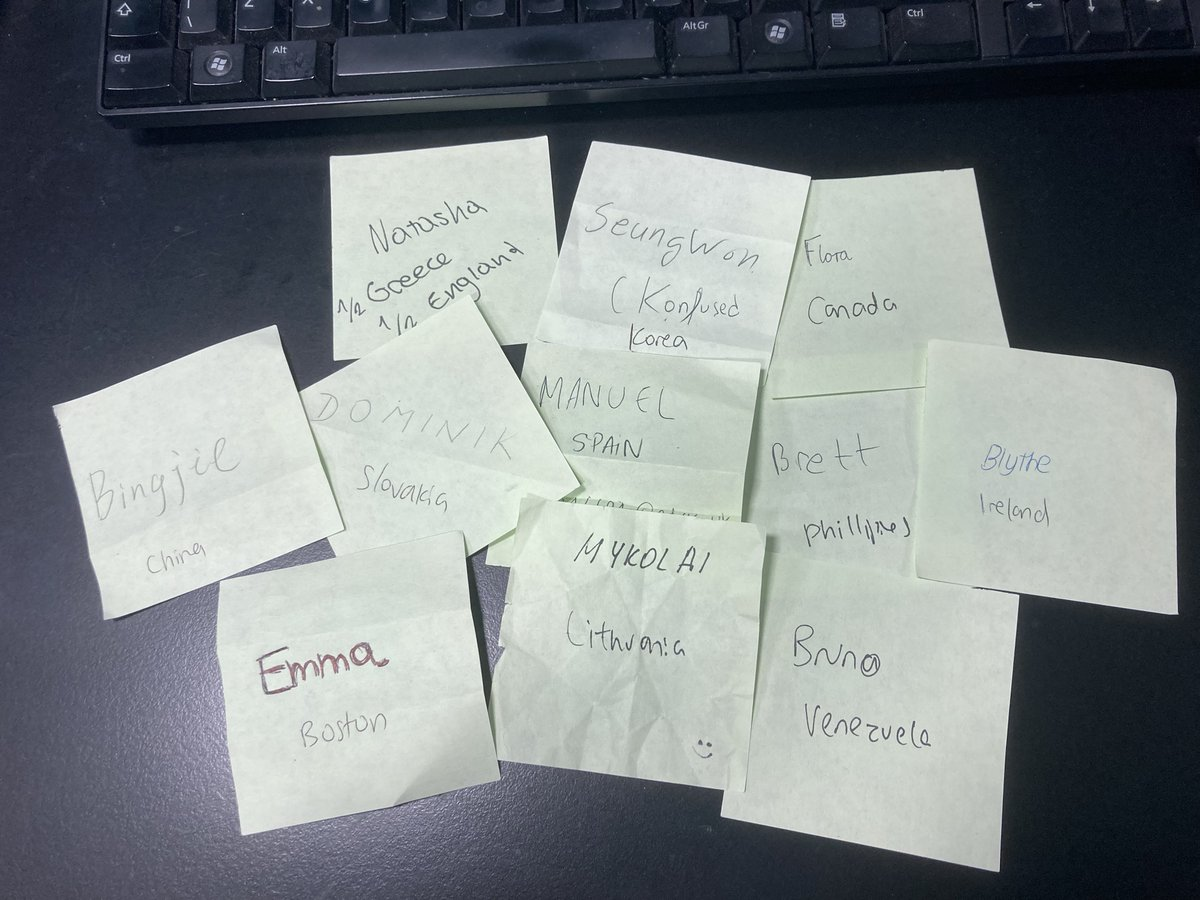 Post-it notes with names of students and where they’re from.