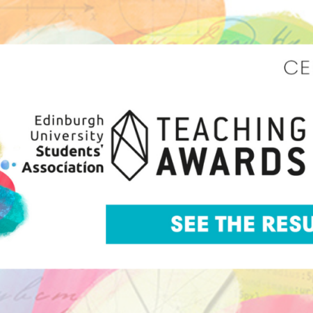 A graphic showing multi-coloured rainbow paint brushed pattern, with text that reads Celebrating together EUSA Teaching Awards 23, see the results.