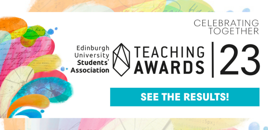 A graphic showing multi-coloured rainbow paint brushed pattern, with text that reads Celebrating together EUSA Teaching Awards 23, see the results.