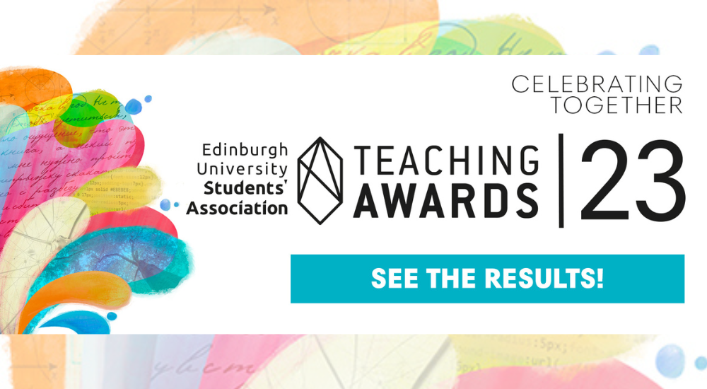 A graphic showing multi-coloured rainbow paint brushed pattern, with text that reads Celebrating together EUSA Teaching Awards 23, see the results.