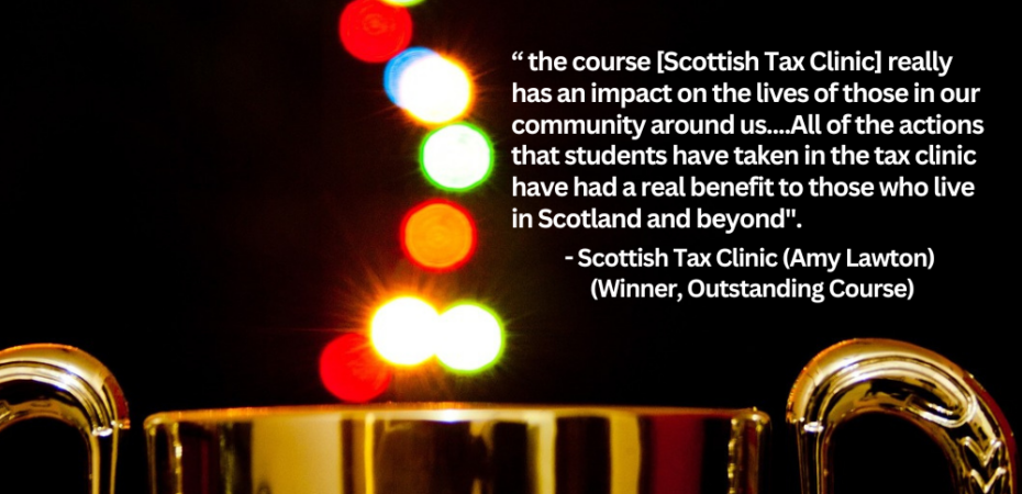 A golden cup with colourful light circles, with a quote from the winner of Outstanding course award