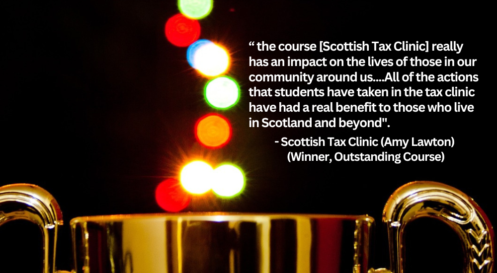 A golden cup with colourful light circles, with a quote from the winner of Outstanding course award