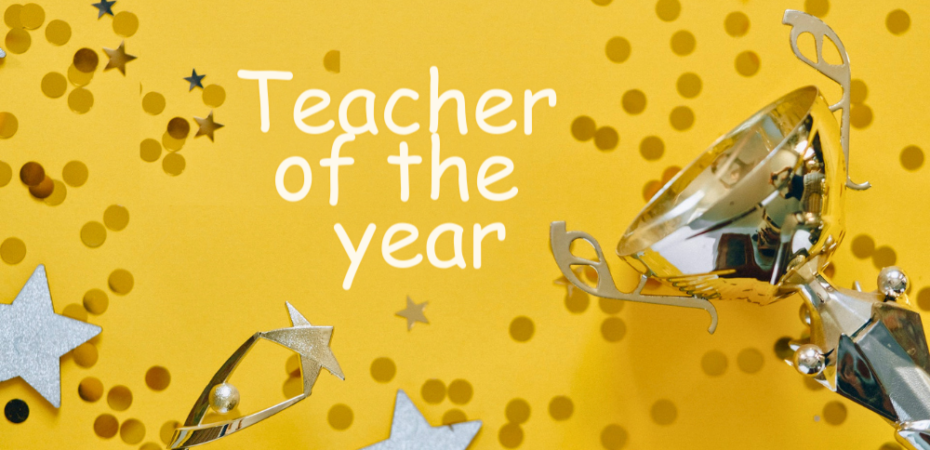 A photograph with a winning cup, decorative stars and glitters, with a text that reads Teacher of the year