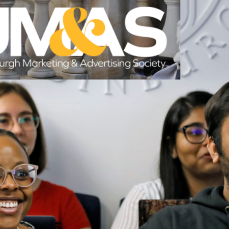 photograph of four happy students from the Business school with a title EUMAS