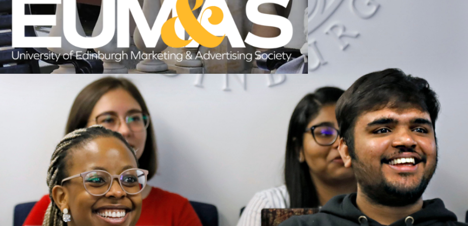 photograph of four happy students from the Business school with a title EUMAS