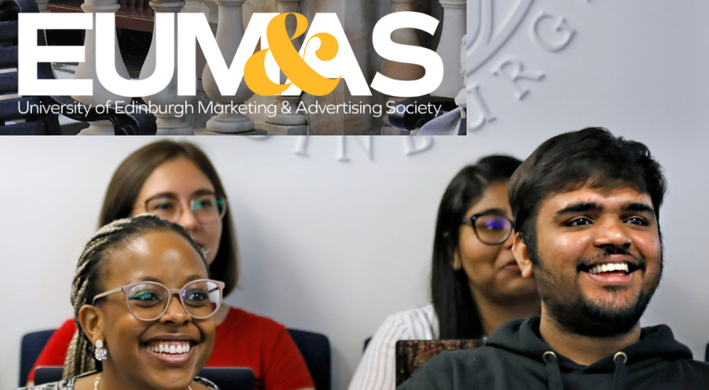 photograph of four happy students from the Business school with a title EUMAS