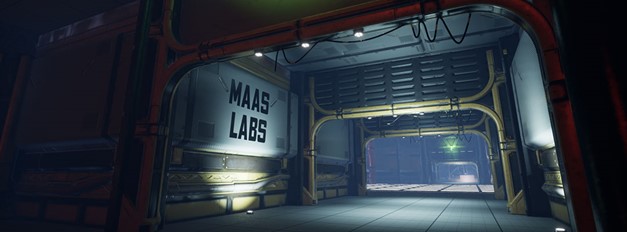  game screen with MAAS LABS written on it, picturing a large laboratory 