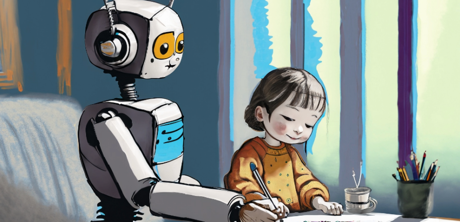 Dall E robot listening to a child and drawing a painting