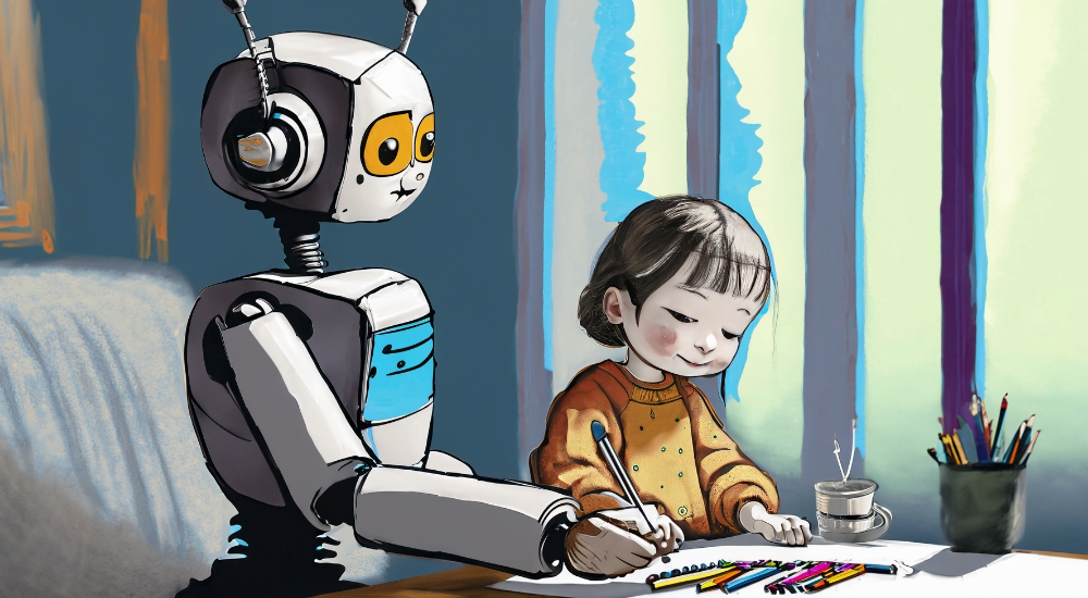 Dall E robot listening to a child and drawing a painting