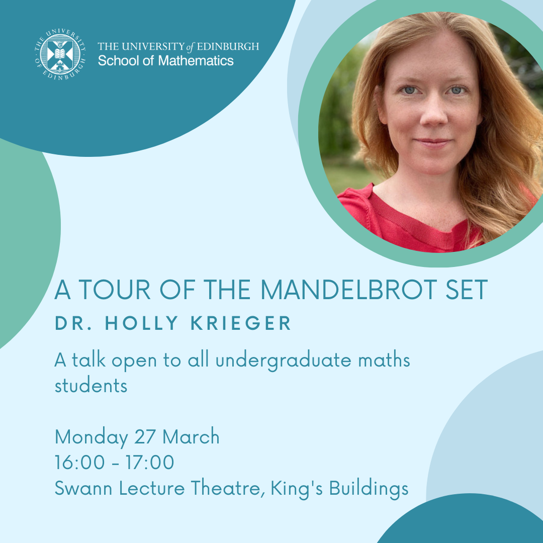 A poster invite to a lecture titled 'A tour of the Mandelbrot set''