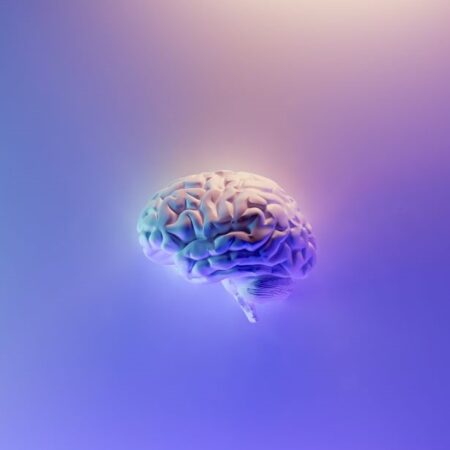 A graphic of human brain against a purplish violet background