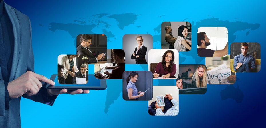 background of world map outline with person holding a tablet and shots of people