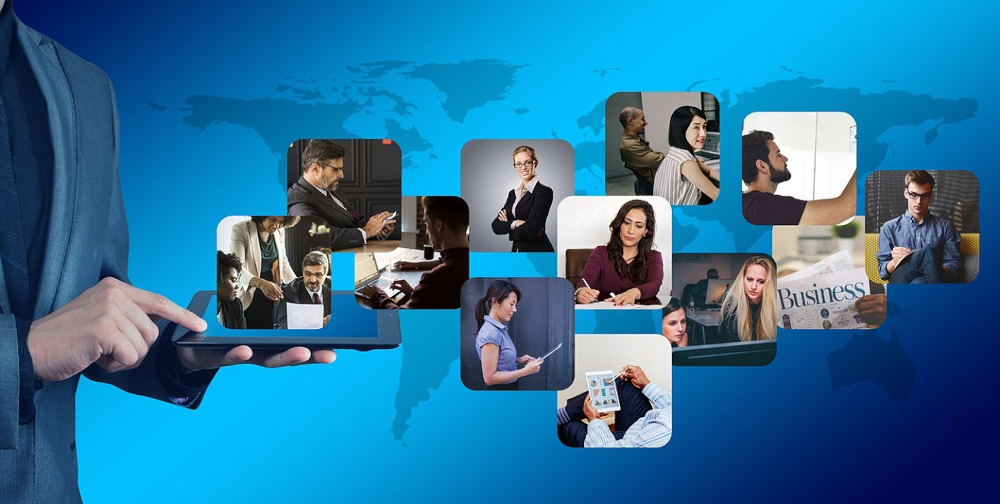 background of world map outline with person holding a tablet and shots of people