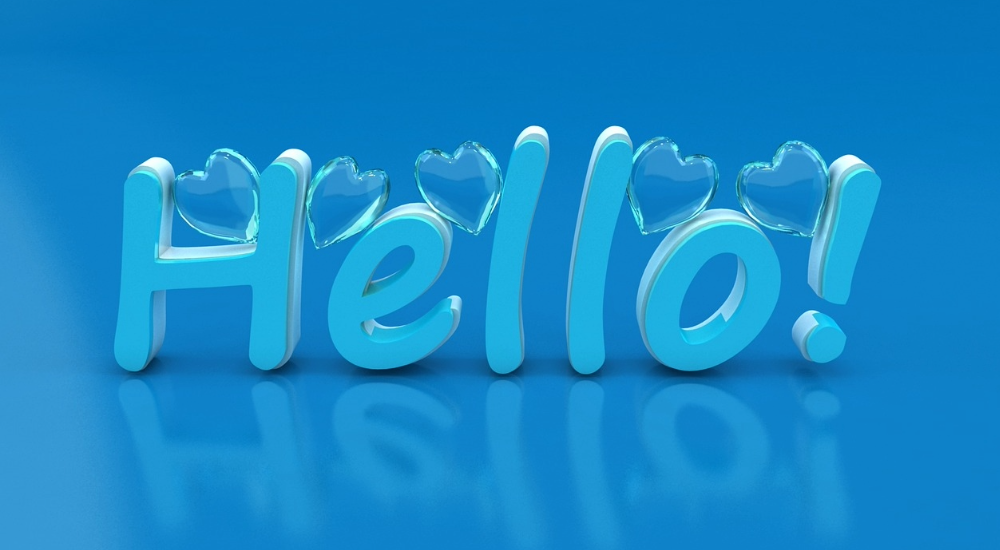 A graphic text that says Hello in a blue background