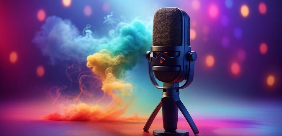 Photograph of a microphone against a colourful background