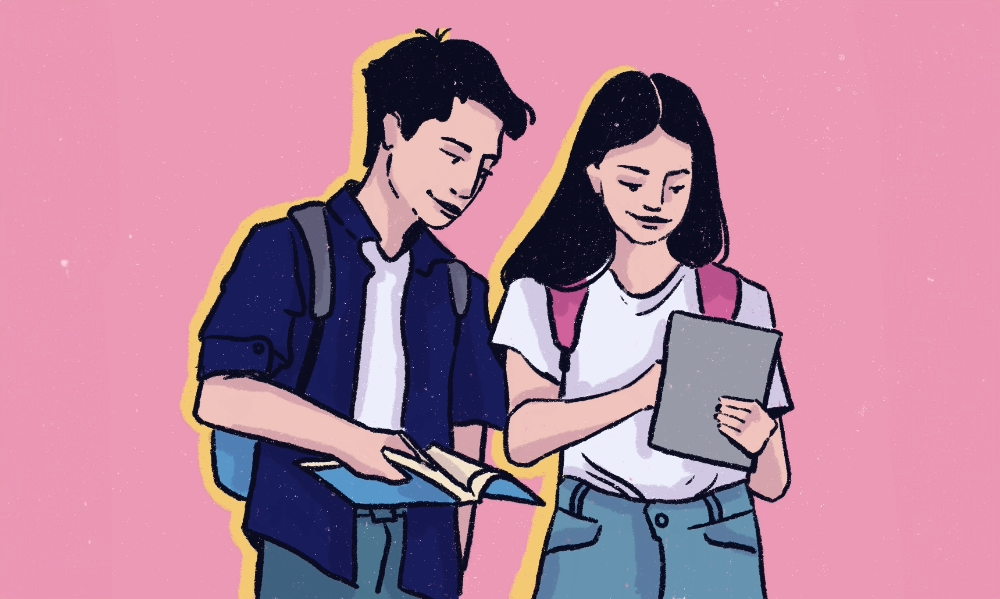 A graphic illustration of two students