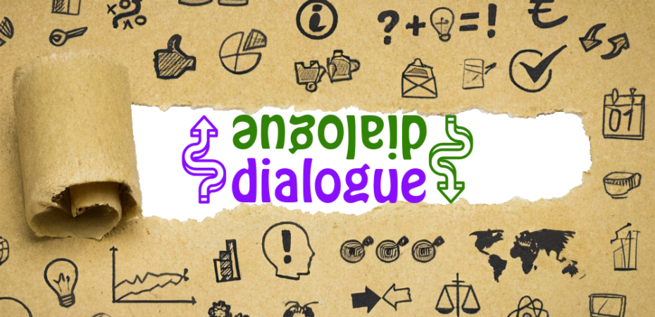 An graphic image with the text 'dialogue' in the middle.. several icons signifying different aspects of feedback at the background