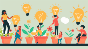 A happy multinational team of all ages and genders tending a farm of giant light bulbs growing in flower pots, the style of an art deco cartoon --ar 16:9