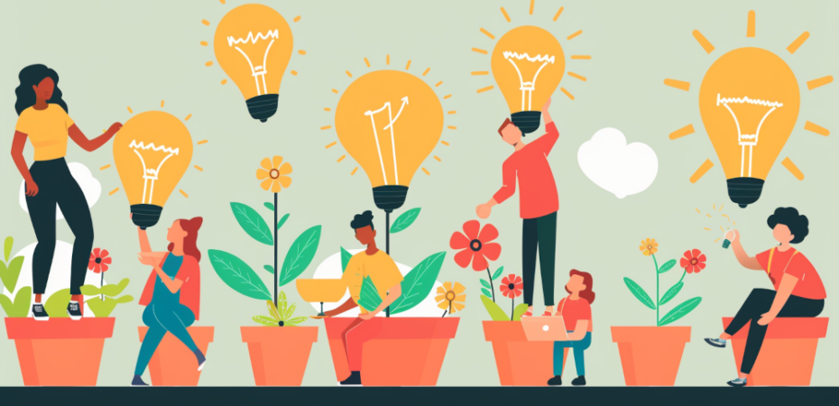 A happy multinational team of all ages and genders tending a farm of giant light bulbs growing in flower pots, the style of an art deco cartoon --ar 16:9