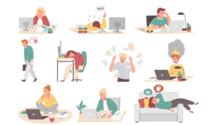 Cartoon set of people at their work places suffering from professional burnout fatigue frustration isolated vector illustration