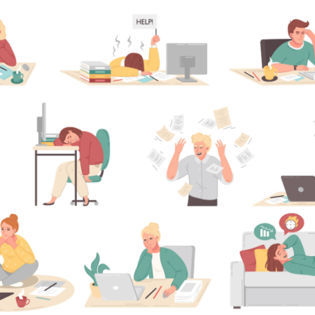 Cartoon set of people at their work places suffering from professional burnout fatigue frustration isolated vector illustration