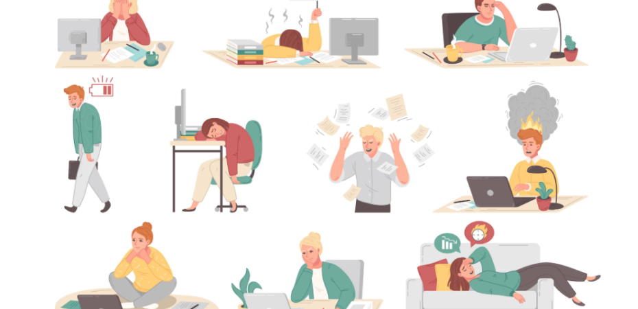 Cartoon set of people at their work places suffering from professional burnout fatigue frustration isolated vector illustration