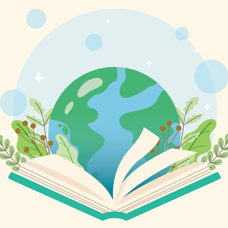 Image of world with book and foliage in front of it