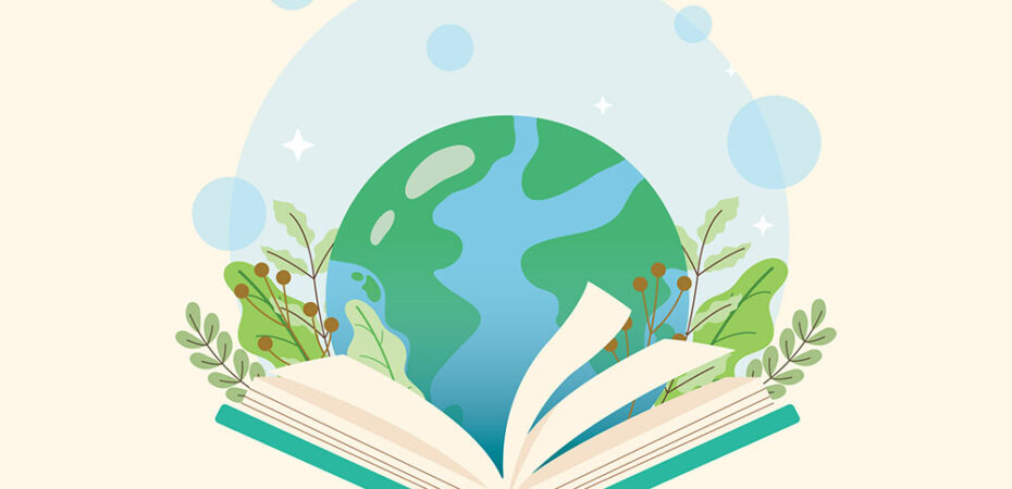 Image of world with book and foliage in front of it