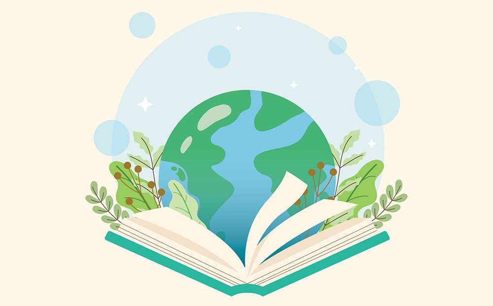 Image of world with book and foliage in front of it