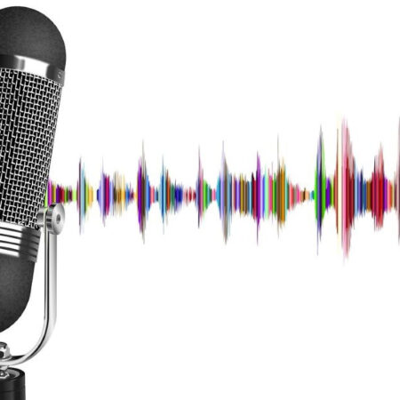 podcast microphone with colourful sound waves