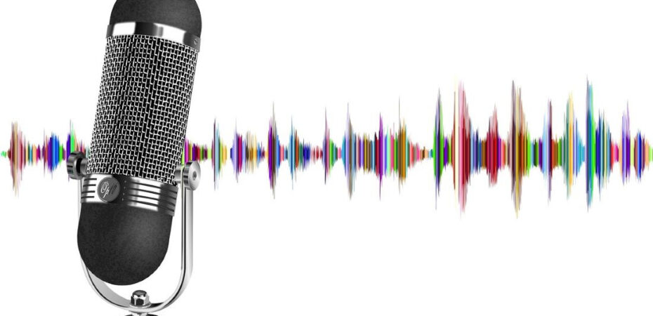 podcast microphone with colourful sound waves