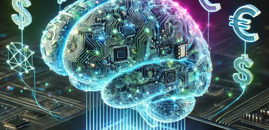 Image of a brain and computer network with coin symbols above it