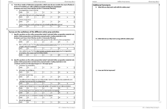 Figure 2 – Survey completed by CEL3 AY22/23 cohort. It includes the motivation, closed questions on previous laboratory students’ experience and preparation experience, evaluation of the effectiveness of the different preparation modes, specific questions on the newly implemented online learning environment preparation, and further three open questions for additional comments.