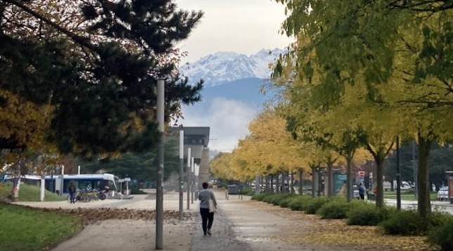 Person walking along a tree-lined street with Grenoble mountains in background. 