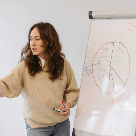 Person standing next to flip chart explaining a diagram to an audience