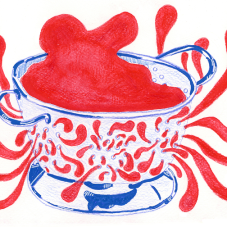 An illustration of blood leaking out of a colander