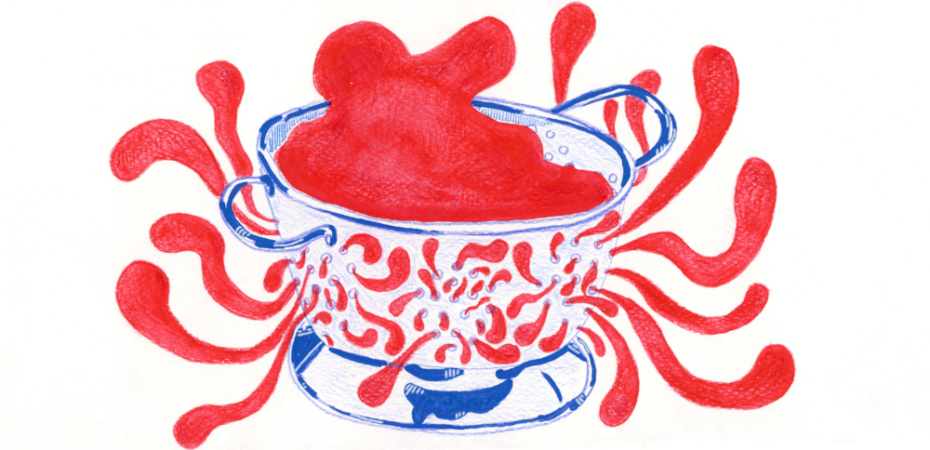 An illustration of blood leaking out of a colander