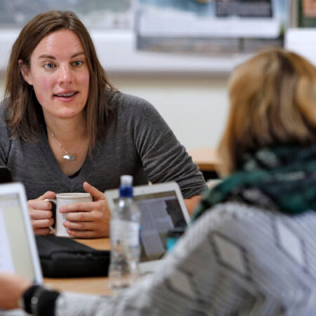 GeoSciences seminar Dr Isla Myers-Smith Chancellor's Fellow Global Change Research Group talking to students at School of GeoSciences