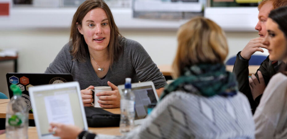 GeoSciences seminar Dr Isla Myers-Smith Chancellor's Fellow Global Change Research Group talking to students at School of GeoSciences