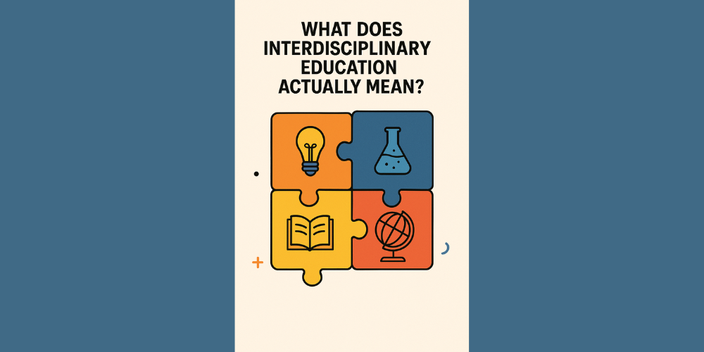 An Ai-generated image with a jigsaw piece and 'What does interdisciplinary education actually mean?' text