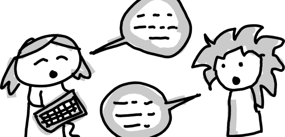 Drawing of group of students on an online call. Speech bubbles show that students are saying things.