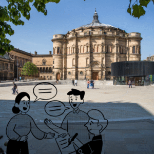 Photo of McEwan Hall with cartoon sketch of people chatting in front of it.
