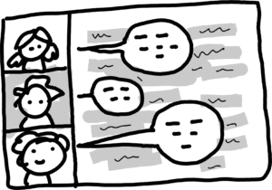 Tutor is approaching a pair of students. Speech bubble shows tutor talking. Students are in the process of passing a keyboard to each other.